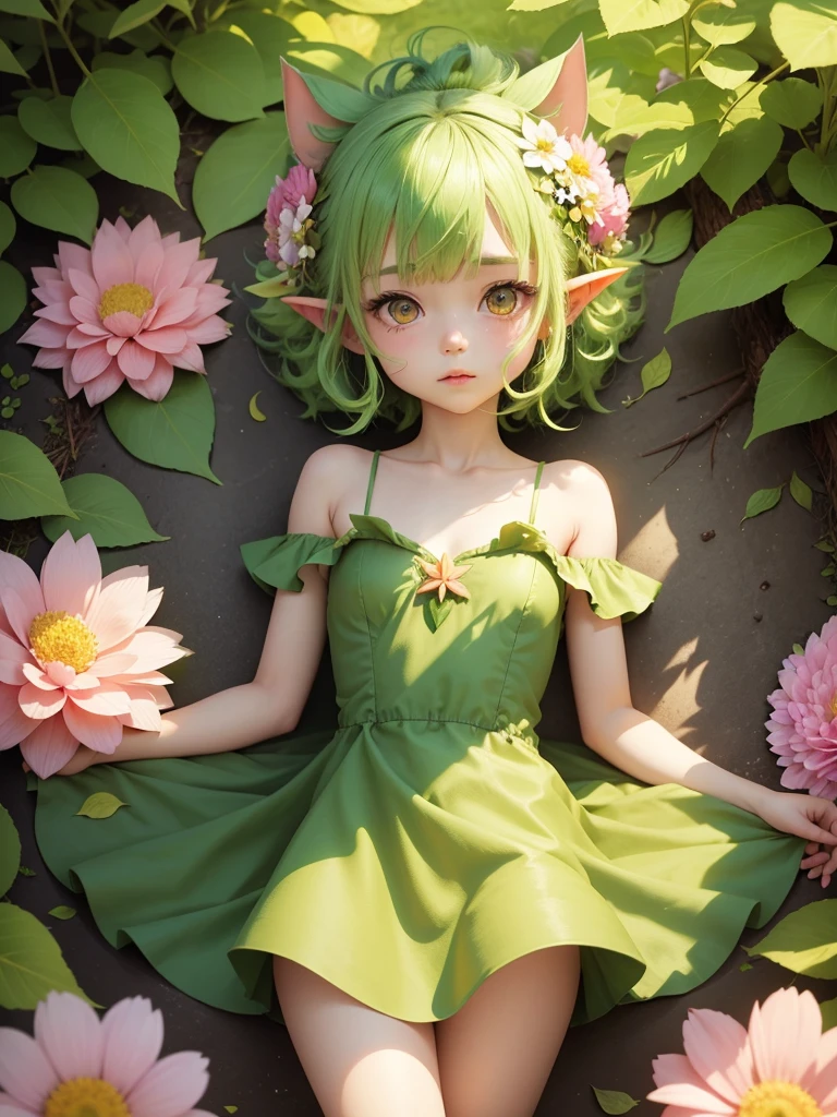 A mischievous little goblin has climbed up to a branch of an ancient tree in the enchanted forest, its emerald green skin gleaming in the soft moonlight. The goblin's grin is mischievous and wide, displaying tiny sharp teeth, while its beady eyes twinkle with delight and curiosity. The tree, adorned with twisting vines and vibrant leaves, towers high above, whispering the secrets of the forest. The scene unfolds amidst the serene calm of the forest, the gentle rustling of leaves adding to the tranquility. A wise old sorceress, her robes flowing gracefully with every step, approaches the tree with a
