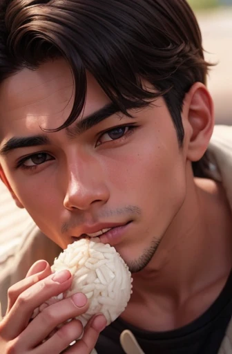 A young man eating a triangular rice ball