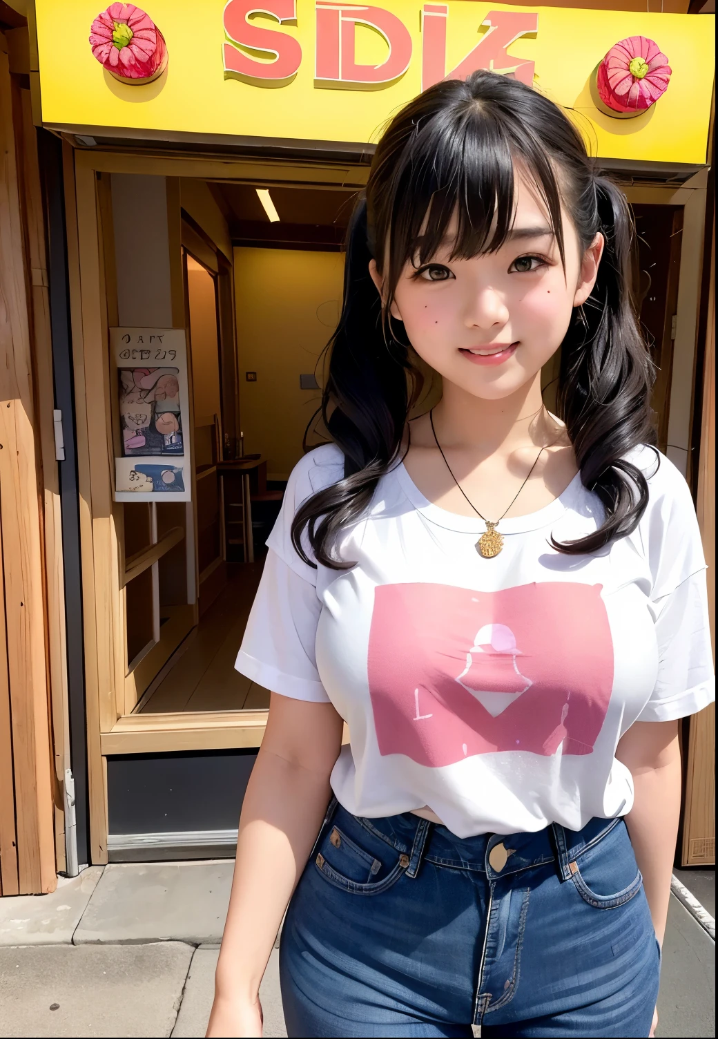 (Highest quality,masterpiece:1.3,Ultra-high resolution),(Very detailed、Caustics) (Realistic:1.4, RAW shooting、)Ultra-Realistic Capture、Very detailed、Natural skin texture、masterpiece、(Japanese wearing alphabet-patterned ringer T-shirt and jeans:1.3)、Adorable expression、Expressions of happiness、、height: 140cm、Baby Face、Pure、Amazingly tail hairstyle、Curly Hair、Scrunchie、necklace、Black Hair、Large Breasts、Shining thighs、Photo taken in front of a sex shop in the entertainment district、Night photography、smile、An inviting gaze、(Anatomically correct)、Cowboy Shot、Attention to detail、Bring your chest closer and emphasize、