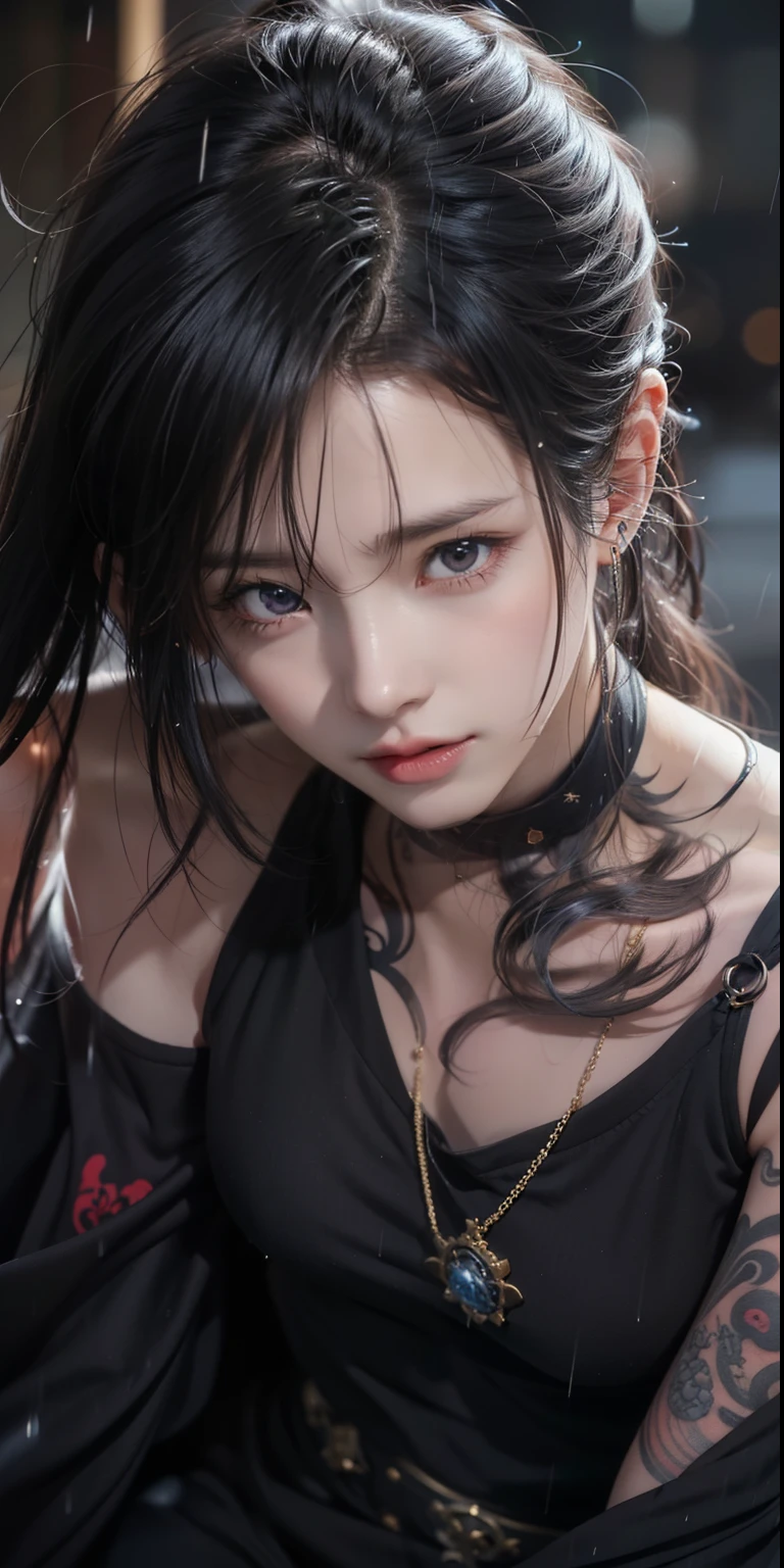 Realistic Girl with tattoos and piercings in the rain, Handsome man in demon slayer art, female anime style, female character, Cool anime face portrait, Handsome Japanese Demon Girl, Detailed and realistic characters, Bad Animation 8K, Realistic style 4k, Realistic Girl, beautiful androgynous prince, Detailed digital art