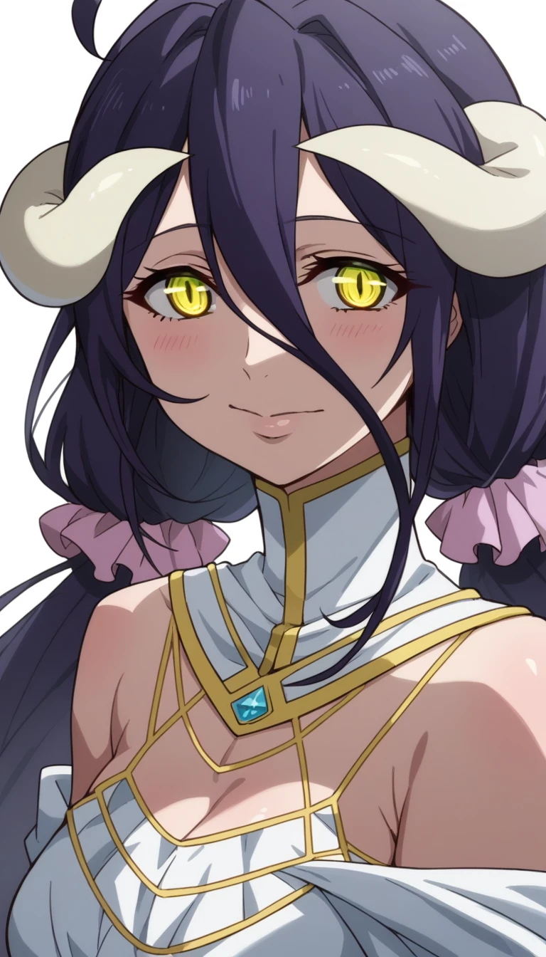 Score 9, Score 8 up, Score 7 up, The evaluation is questionable,
Detailed Background, Glowing Skin,Nozomi-san is always, Green Eyes, Purple Hair, Twin tails, low Twin tails, Scrunchie, Long Hair,albedo, horns, demon girl, demon horns, albedo (overlord), hair between eyes, yellow eyes, slit pupils, anime coloring,