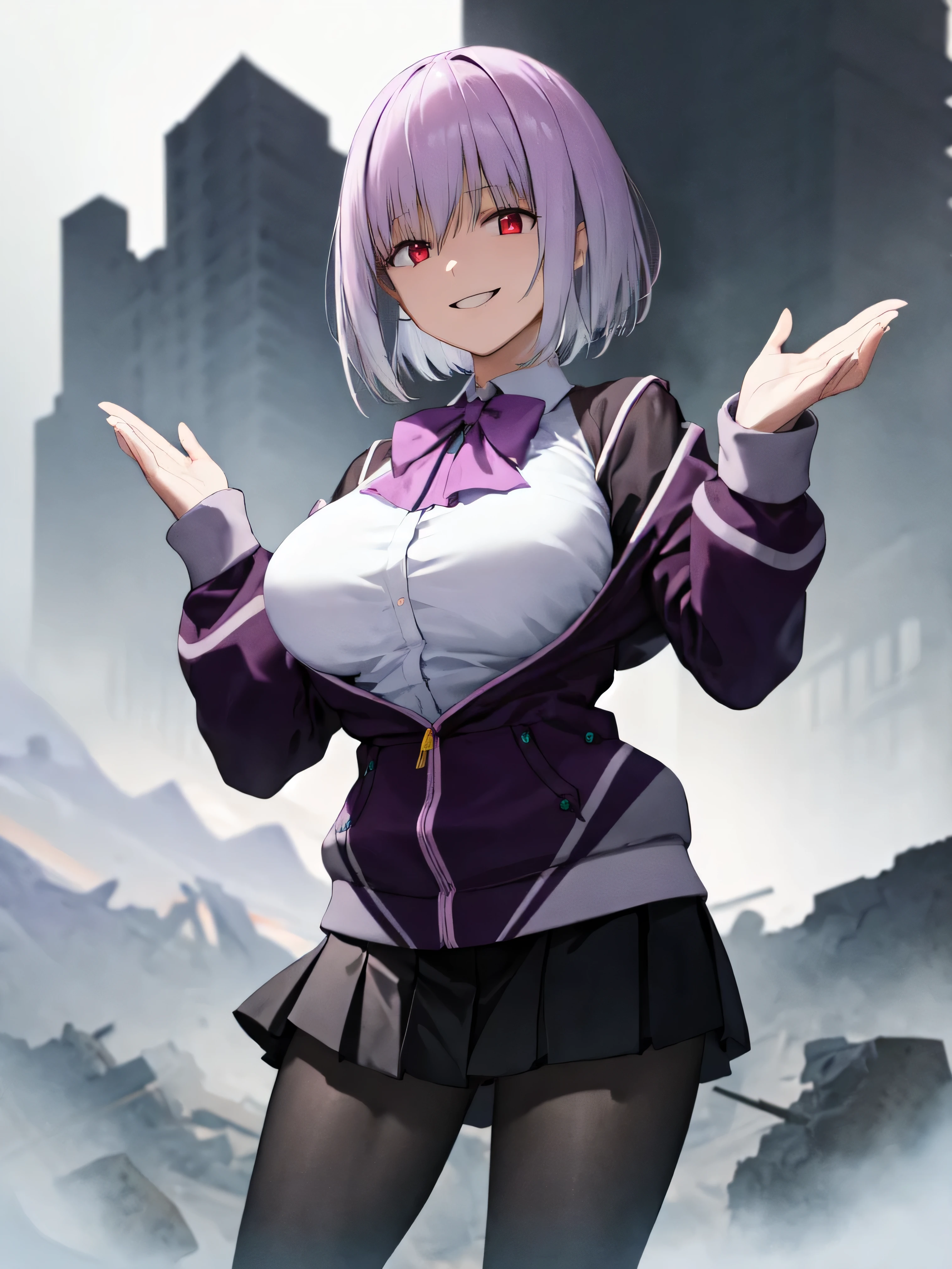 male, short hair, Red eyes, Large Breasts, Purple bow tie, Collared shirt, White shirt, Purple Jacket, Partially defrosted, Long sleeve, Sleeves are longer than the wrist, Pleated skirt, Black Skirt, pantyhose, Waist clothes, night, dark, , Shine, Backlight, Open your mouth, Leaning forward, , , Hollow Eyes, masterpiece, Highest quality, High resolution, Nice hands, Perfect hands, Cowboy Shot,Too evil smile,Smile is the worst,Looking down at the viewer,Smile at its worst,Dark shadowed face,Smile face,Big monster background,both hands,Five Fingers,Two legs,, Dark shadowed face,Sadistic smile,Malice,Contempt,smile,both hands,Two legs,Five Fingers,solo,Decorated with skulls. background, A mountain of skulls beneath,Standing on the rubble,,Abandoned building,Dark street lights,A thick fog swirls,