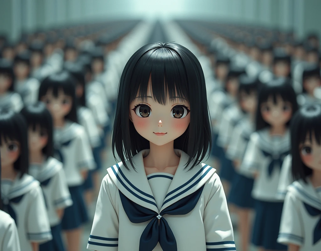 (Japanese Clone-girls=Myself), (Super Best masterpiece Clone-girls Raw Photography Art), (16K, Highest quality, Ultra-high resolution, RAW Photos), (It's so unrealistic., With unparalleled depiction, With an unfathomable sight, An unprecedented and shocking worldview, Clone-girls: In a world of mass reproduction, Ultra-realistic), (Japanese Girls, , Small face, Thick black hair, long hair, Dark Eyes, Mature face, かわいいsmile, Smiling face, A gentle gaze, Very pleasant look), (Very beautiful detailed girls, Accurate body structure, Accurate body movements, Very detailed body, (Super big breasts, Large bulge of ample breasts)), (Schoolgirl uniform, Short sleeve, mini skirt, Emphasise the fullness of your breasts), (Very detailed, Myself cloning, Depiction of splitting oneself, 1Myself girl→1,000,000,000,000,000,000,000,000,000,000Myself cloning girls), (Very detailed and intricate, Myself clone-girlsから, Myself's body is multiplying, A perfectly matched depiction, (In the same female body,With the same face, With the same hairstyle, In the same clothes, At the same height, 同じSuper big breasts)), (Myself girls only), Academy, gym, stage, academic level, Commemorative photo depiction, Group photo, Tiered stage photography, smile, Ultra-wide field of view