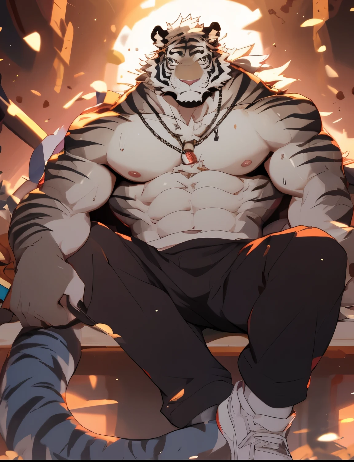 (Chained in a dungeon:1.2),(Wearing tattered ancient costumes:1.5),king,16k high quality detailed art,(Golden Tiger:1.1), (((white and gold fur:1.5))),(Gold and white two-tone),(A pair of eyes, one blue eye, the other hand golden eye:1.7),(muscular body:1.2),Handsome,(OK),(perfect face),(exhausted:1.1),(golden and white skin:1.3),(Dark and dank dungeon background),(Half body特写:1.5),Publaz, (Golden Tiger:1.1), (((golden and white fur:1.3))),Handsome, (OK), ((bleed wound:1.5)), Express,(Cold and damp dungeon background),(Eyes of pain and despair:1.3),(Golden Tiger tail),不同的Express,(perfect masterpiece),(32k),(abdominal muscles:1.3),(((middle aged:1.4))),(36 years old),(golden stripes),alone,(black sideburns:1.2),(black beard:1.3),(black chin:1.3),(golden face pattern:1),(Very rich facial details:1.3),(Strong),Half body,(Kneel down:1.3),front view,(cg),(HD),(To chain one's limbs:1.4),(pained expression:1.5)