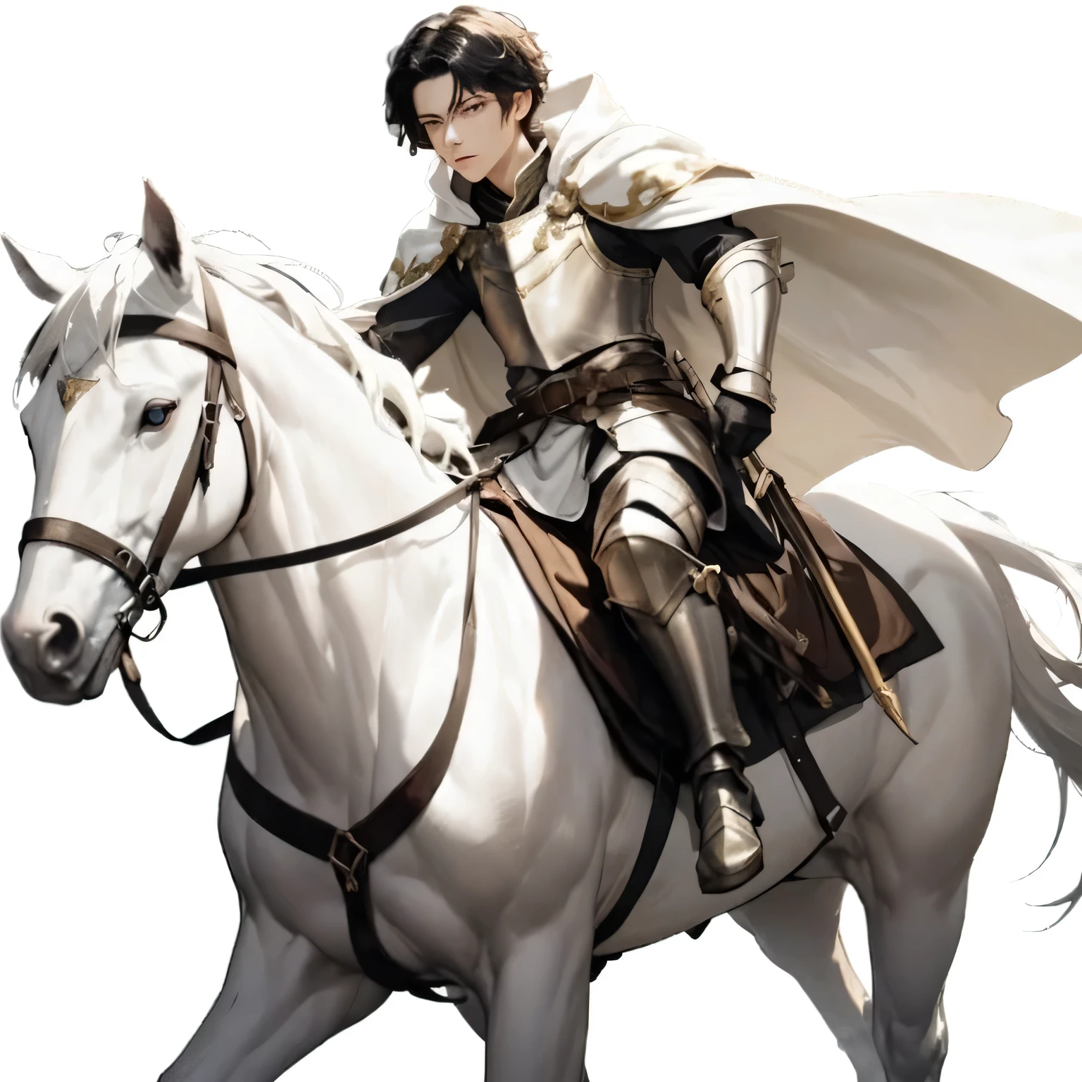 Dark fantasy, 18-years-old guy, 1 boy, male, warrior, noble, medieval, black hair, golden eyes, imponent, white armor, white cape, cape, young boy, teen boy, solo, full body, better face, on a white horse