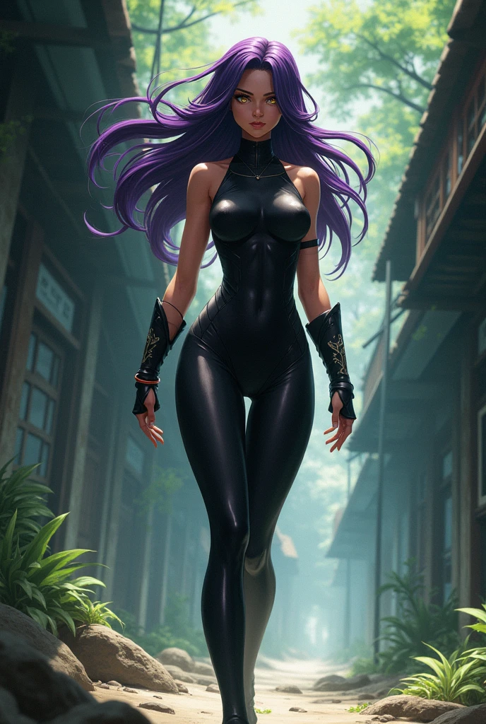(masterpiece), Highest quality, Expressive eyes, Perfect Face, View your viewers, One girl, alone,  Mature Woman, Mouth closed, (((Dark skinned women))), (((Dark Skin))), (leotard), black leotard, Elbow hand pockets, Bare shoulders, clavicle, Yellow Eyes, Purple Hair, Long Hair, ponytail, (forest), (spring), cherry blossoms, null, Yoruichi
