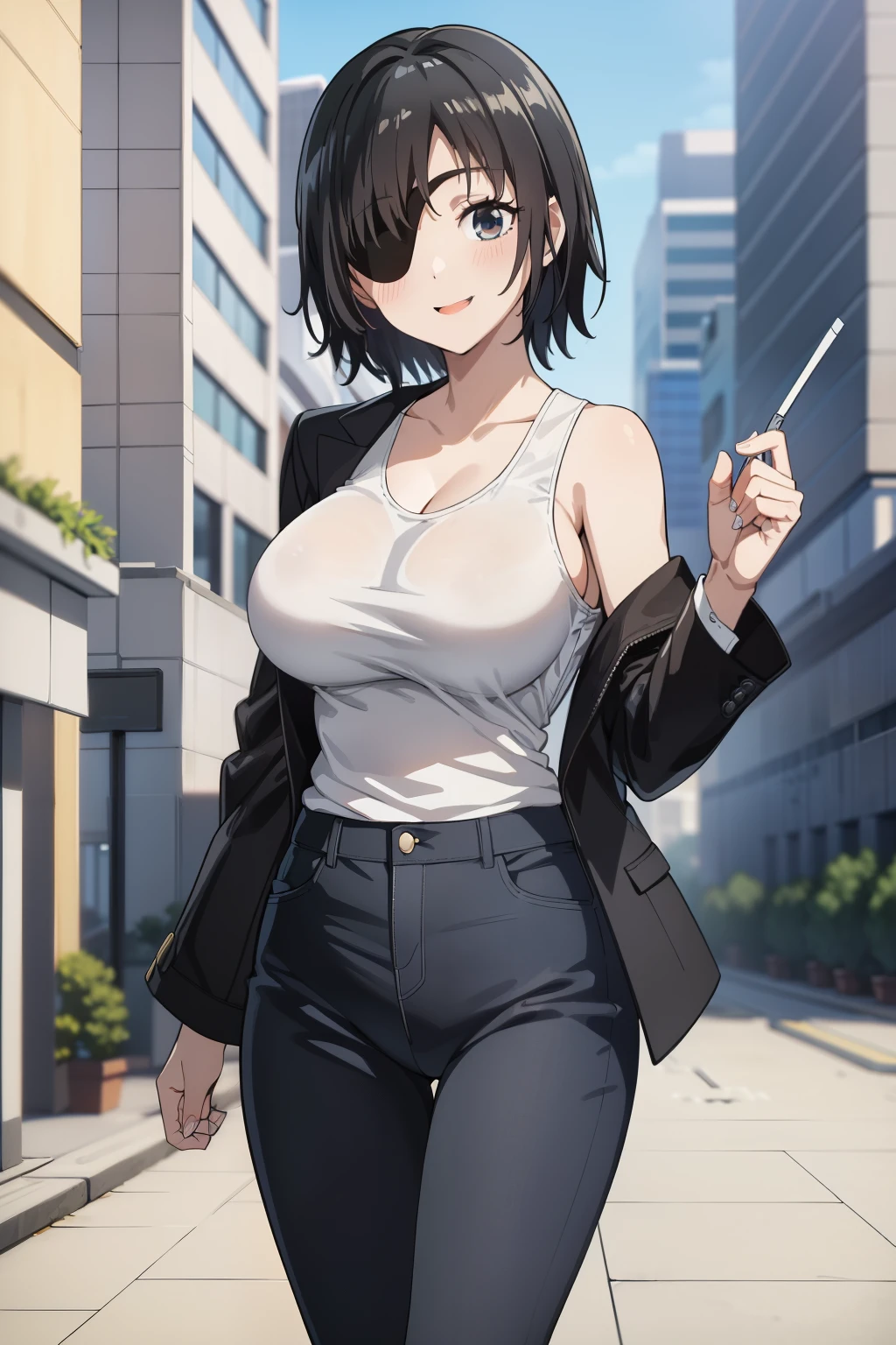 masterpiece、Highest quality、High resolution、1woman、himeno、独奏、Black modern street style jacket、Under the jacket、White tank top、Black modern street style jeans、Skin tight tank top、Big Breasts、A woman with very large breasts、Modern street style boots、smile、A woman is standing、