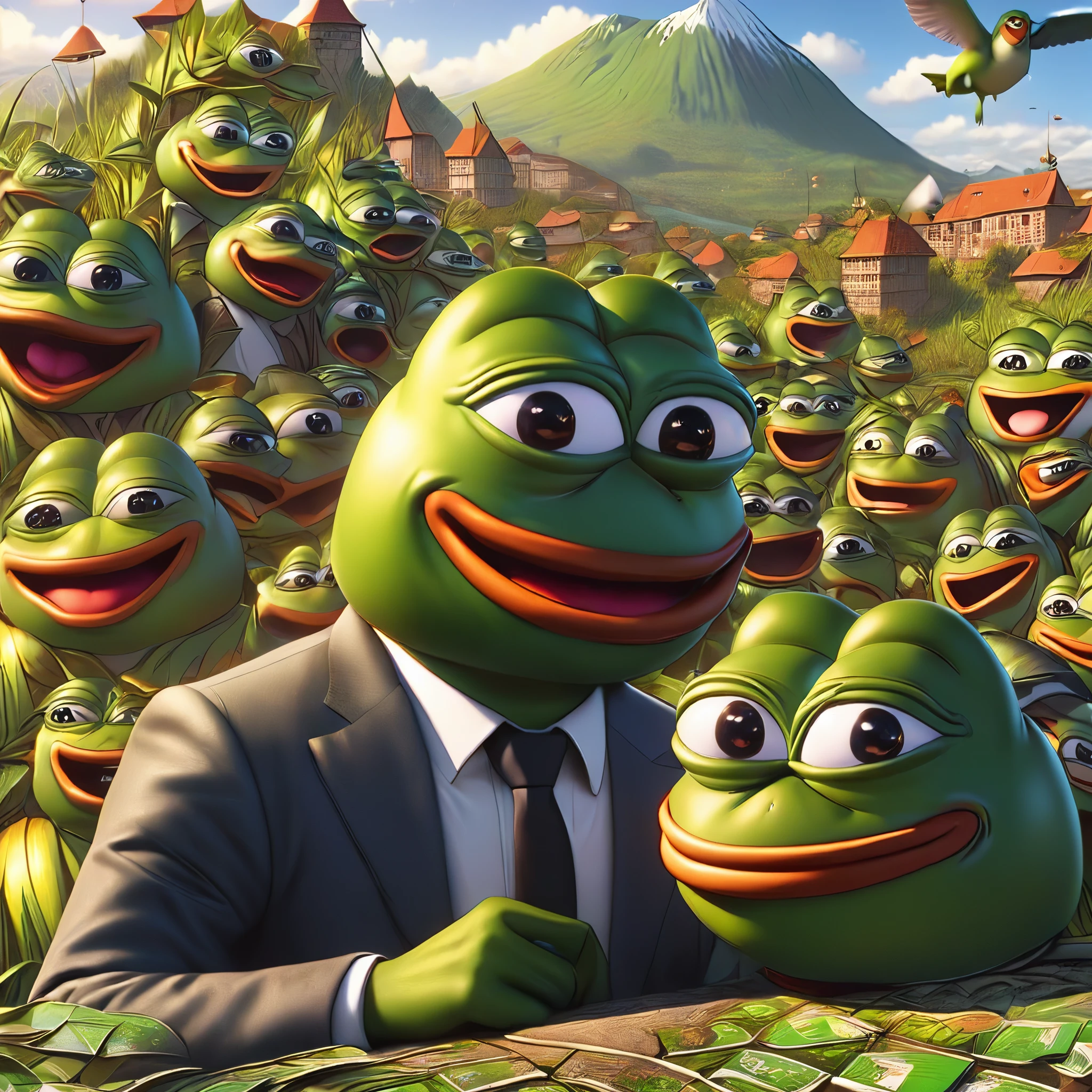 pepe the frog, komiksy style, tsitron of illustrate, 3d rendering, one, Comics, detailed textures,, Comics style, He looks directly at the viewer and smiles