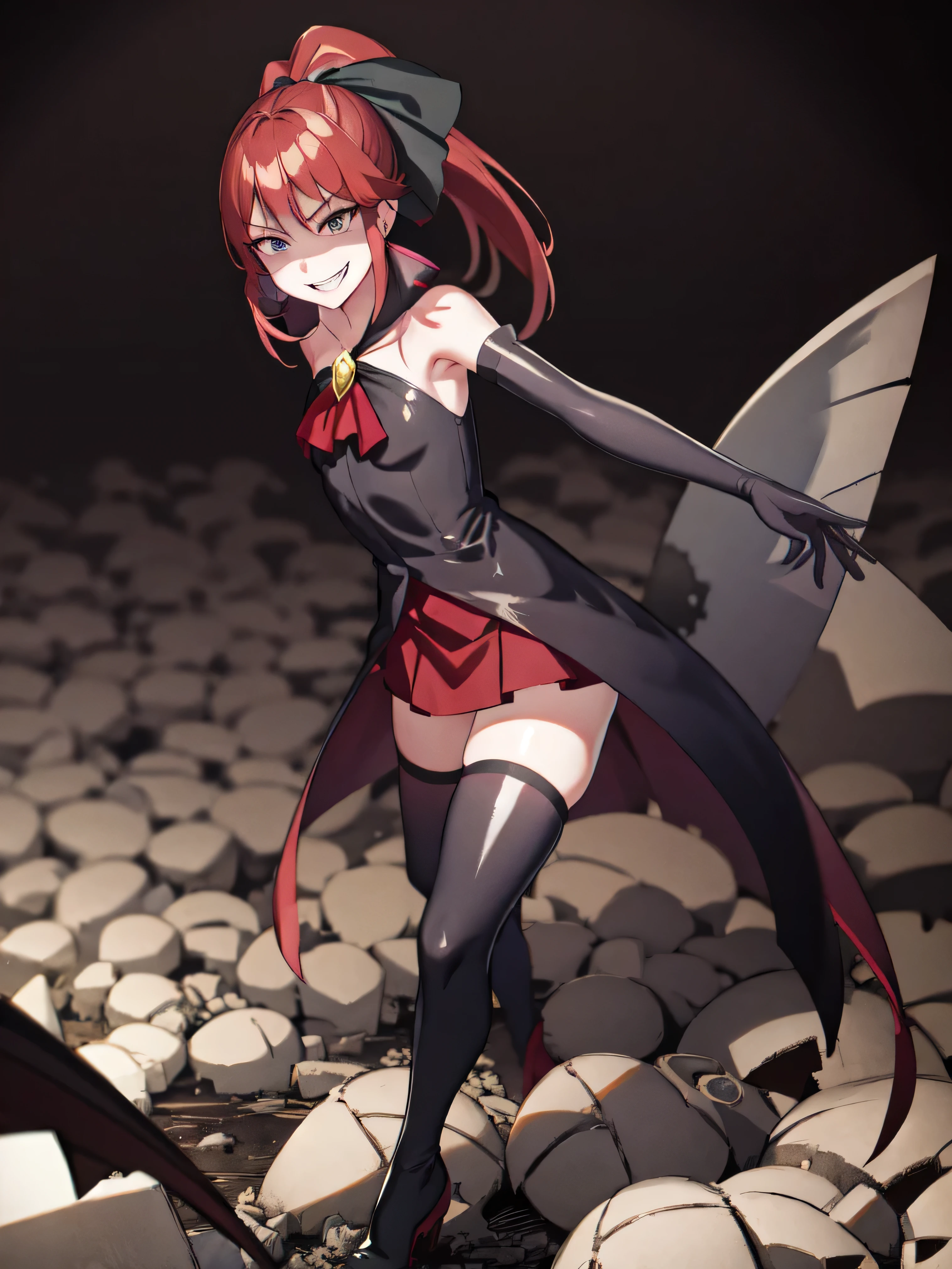 Highest quality, masterpiece, One Girl,Not beautiful, Red Ponytail, Long dress, brooch, Hair Ribbon,  Black knee socks, Standing on the rubble,  (Wicked Smile:1.1), ,,Dark shadowed face,Sadistic smile,Malice,Contempt,smile,latex,Bad face,,Red Skirt,two hands,Two legs,five fingers,evil background,elbow gloves,latex, Wicked Smile, devilish aura (Shiny fabric:1.5),Dark world background,solo,


