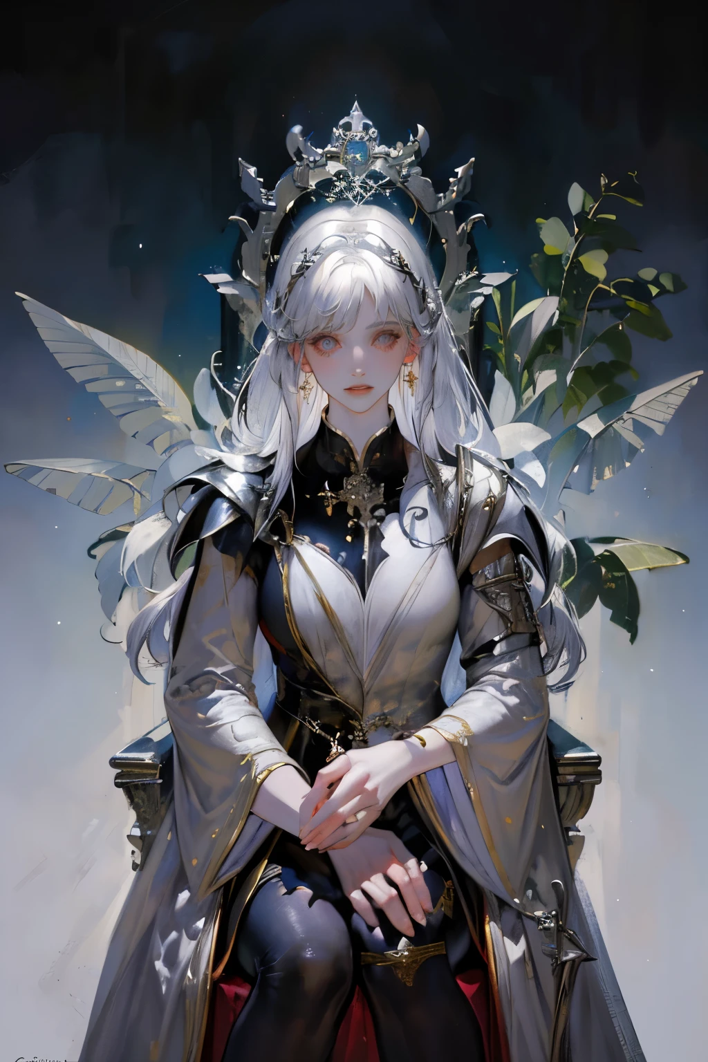 White-haired woman sitting on the Iron Throne,Game of Thrones style,Epic detail,Best quality,Numerous details,Natural white long hair,The Iron Throne in Game of Thrones,Targaryen Princess,Medieval women,Medieval Princess,Beautiful medieval art,masterpiece