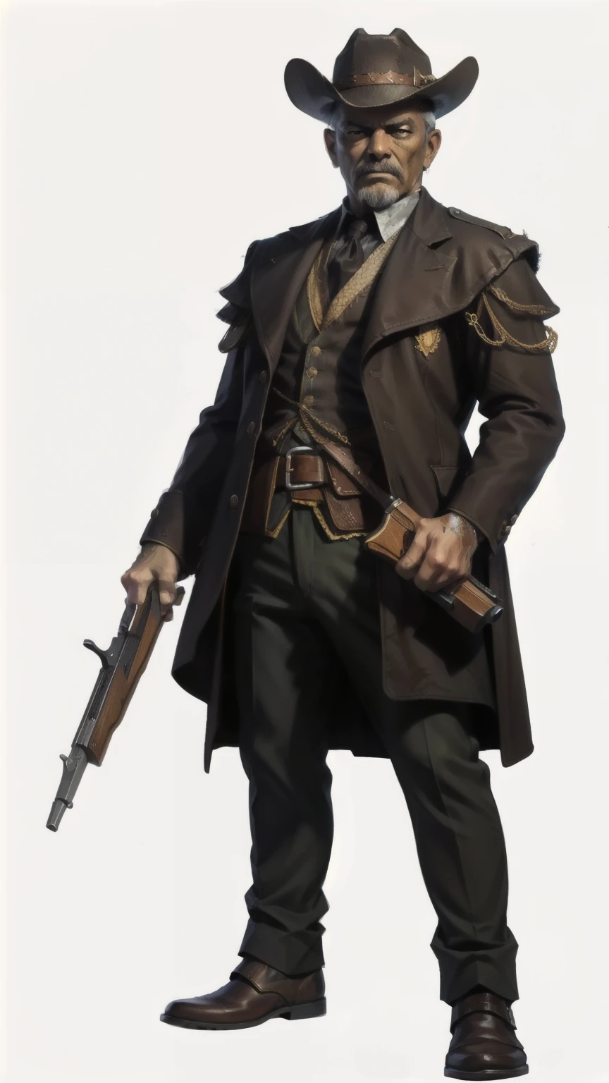 personagem RPG, I want a character with a white background, png, an old west gunslinger, revolver in hand, RPG, naughty man, brown clothes, a big, dirty old western hat, brown clothes com detalhes amarelo, Bblack hair, black cloack, long clothes hiding their intentions, Shine in the black eyes, Full-body image, Skin color black, naughty man musculoso, with brown clothes, beiges, posture aiming with the revolver, revolver in hand.
