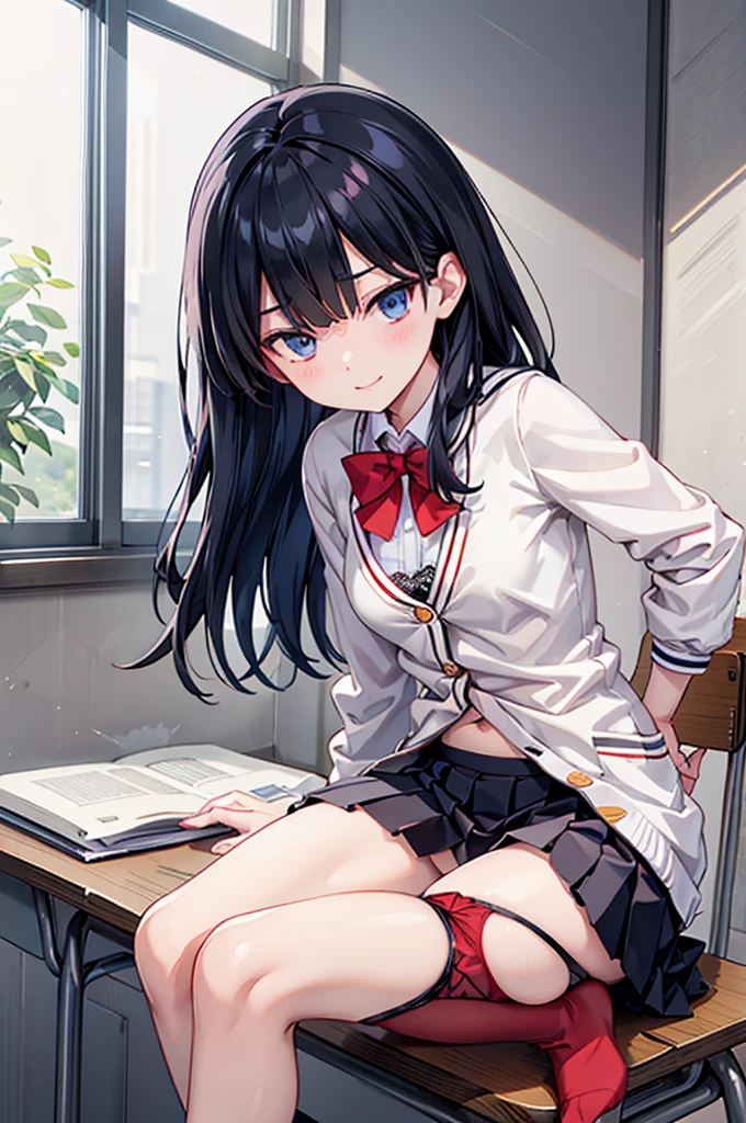 1mature female, takarada rikka, black hair, solo, blue eyes, smirking eyes, wrist scrunchie, long hair, red socks, bra, Belly button, black skirt, bangs, pleated skirt, orange scrunchie, red bow, undressed white cardigan, long sleeves, removed bowtie, open white shirt, opened by self, miniskirt, splitting legs, classroom, Realistic lace panties, 