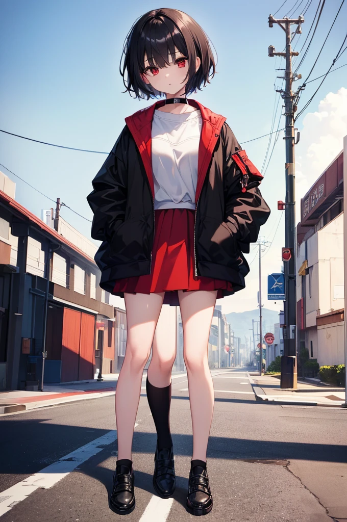 (masterpiece, highest quality, highest quality, (No text), Beautiful and aesthetic:1.2),No text,アニメ、BREAK,One Girl，Black Hair Girl　 adult　short hair　older sister　Beautiful eyes　Red eyes　cool　Black and Red　skirt　Black jacket　White clothing　Full Body Outdoors