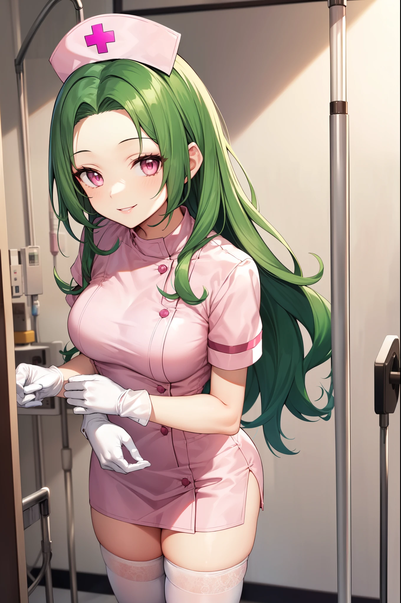 1woman, solo, nurse, white nurse cap, white nurse uniform, ((white legwear, zettai ryouiki)), white gloves, forehead, long hair, green hair, pink eyes, pink lips, smile, standing, ((hospital room)), sharp outline, short sleeves, mature female, 35yo, best quality, masterpiece