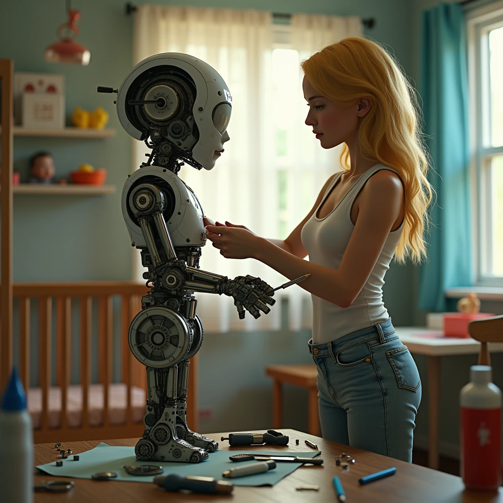A young blonde woman assembling a standing human-sized robot, The robot is assembled from several reused robotic parts., The woman is using screwdrivers, and tools like making robotics,, In the background a 6-month-old baby screaming in a crib, in a room. In the background a normal room in a humble house. vivid colors. striking colors, a mix of realistic and 3d style, more realistic than 3d, ultra detailed 4k