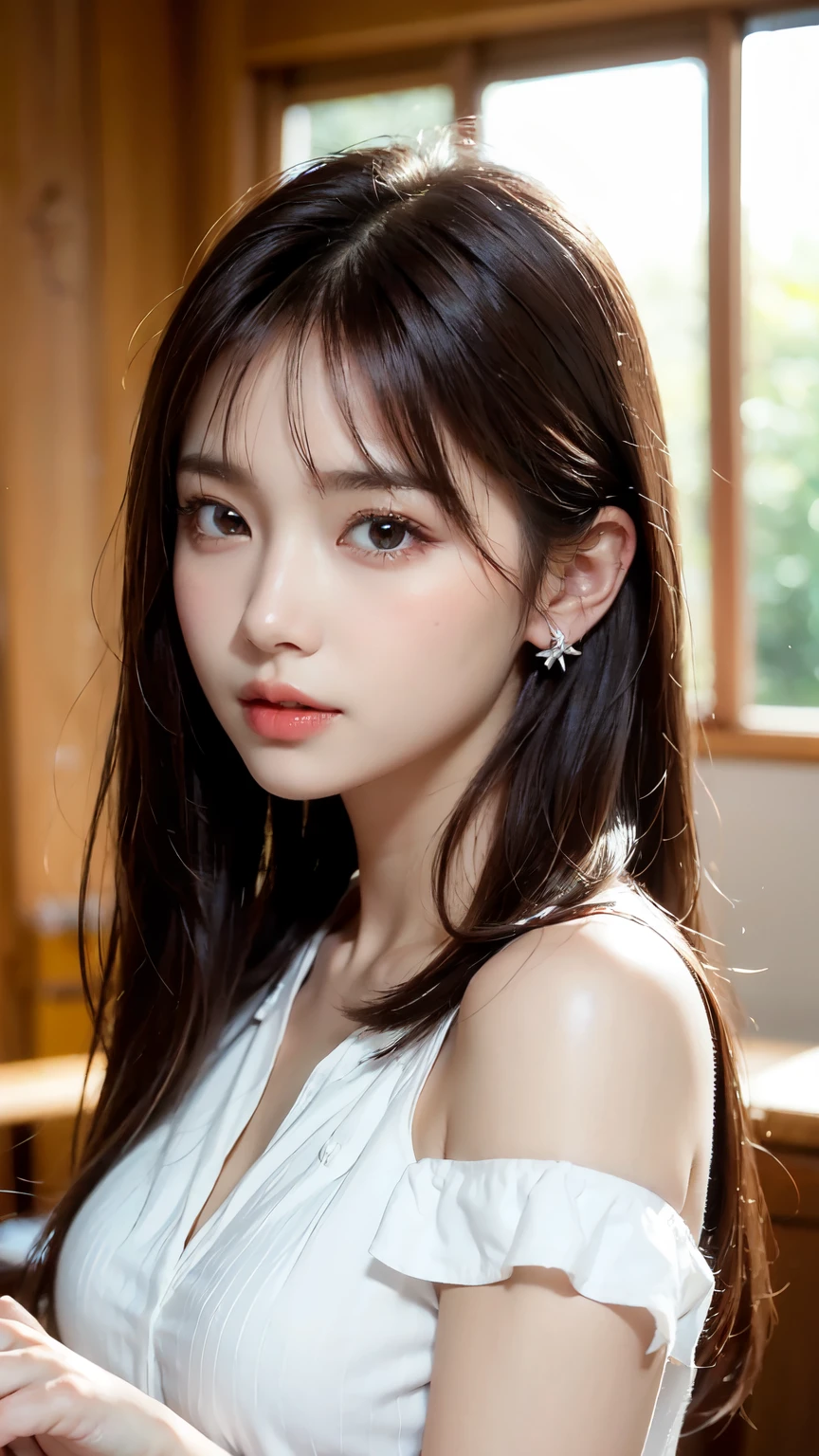 1 Female, close up oF Face, medium chest, light brown hair, dull bangs, hair behind the ear, Shoulder hair, long hair, slim body, Extra-Fine Face, thin Face, delicate lips, beautiFul eyes, light blush, The eyes are light brown., perFect shiny skin, perFect skin, Shining sweat,Look here, incredibly thin hands, extra thin Fingers, Optimal ratio oF 4 Fingers and 1 thumb, (realistic:1.3), Finger extension, See-through white blouse. broad-leaved Forest, One'point oF view, FujiFilm, F/1.2, 8k, table top, nFFsw, very detailed, high quality, 最high quality, high resolution,