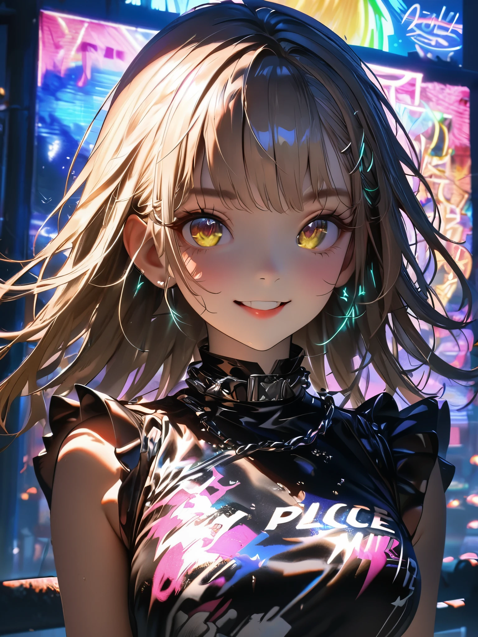 A woman with long hair and a black top standing in front of a neon sign ...