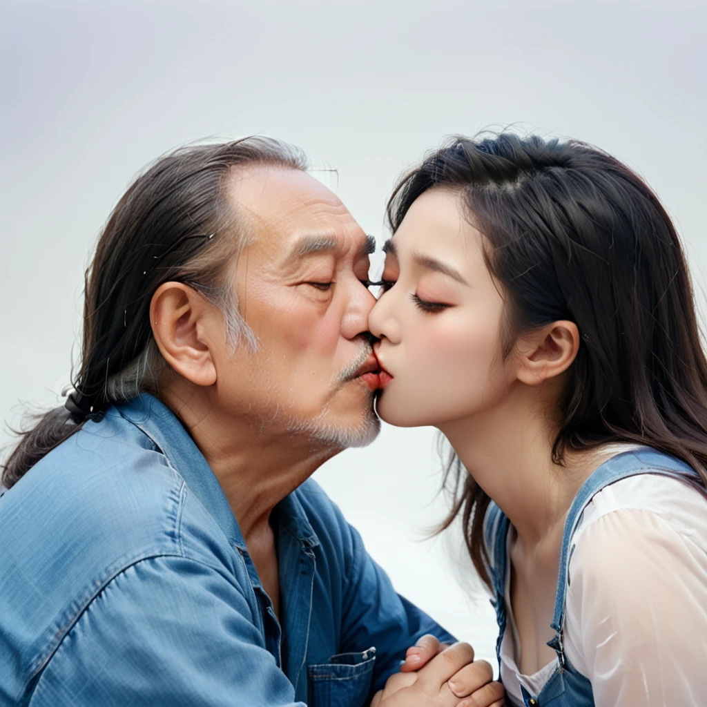 masterpiece, best quality, photorealistic, (girl is kissed with old man, kiss, 1girl with 1boy, 20 age beautiful kpop girl group member face, 80 age fat man),