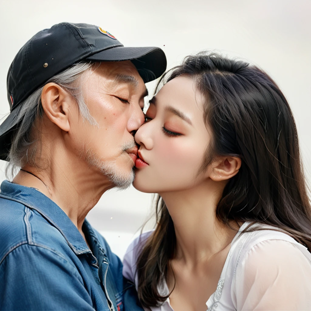 masterpiece, best quality, photorealistic, (girl is kissed with old man, kiss, 1girl with 1boy, 20 age beautiful kpop girl group member face, 80 age fat man),