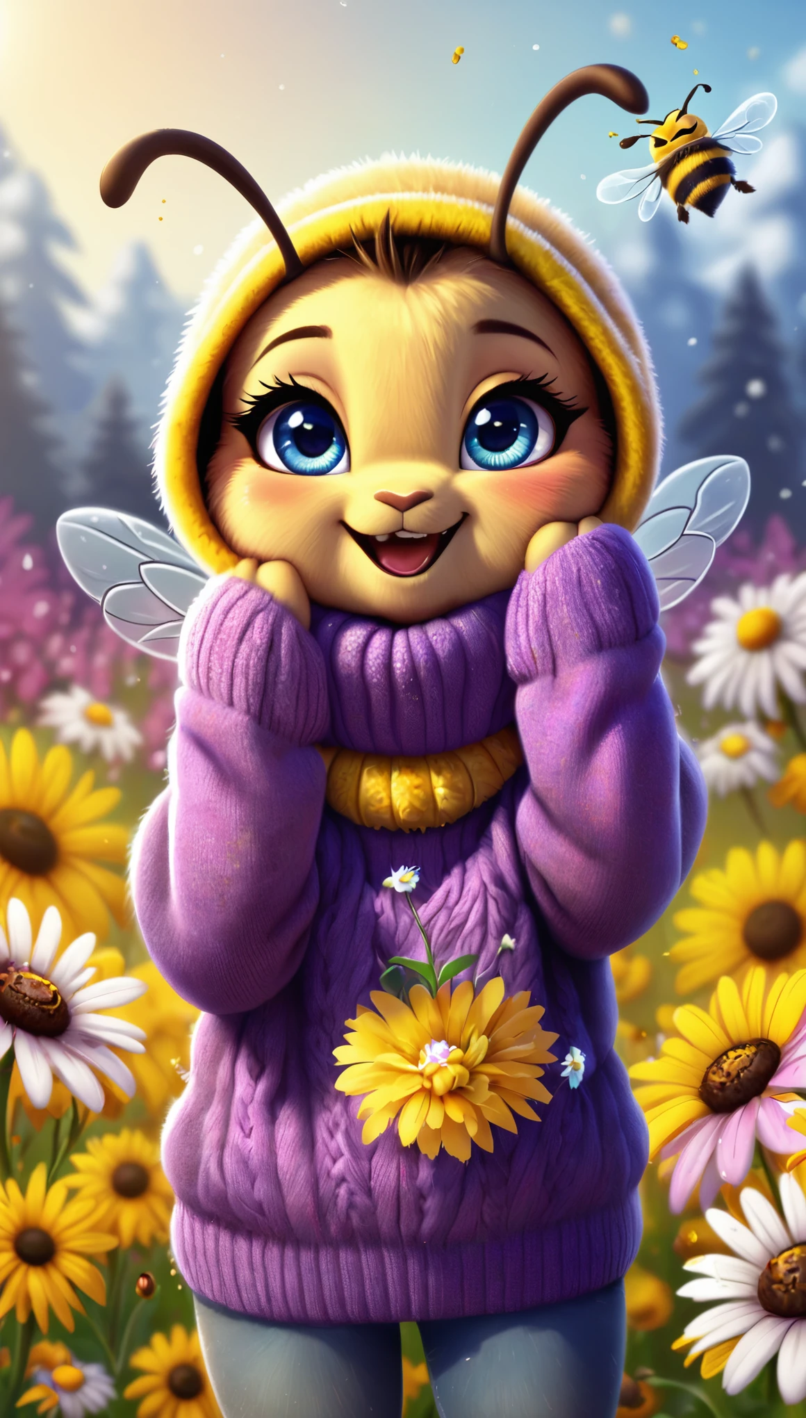 cute bee, cartoon , clothes, arms up, hands ,cute eyes, looking at viewer, dirty, flowers, straight, pollen, cold, sweater