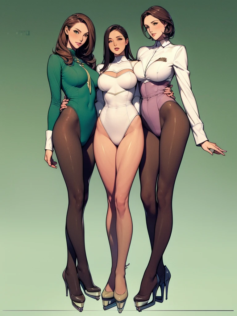 Full body picture:(masterpiece:1.2, best quality),(Very detailed),8K,wallpaper,Three women standing in a row,Full body picture,All wearing pantyhose,Female Soldiers,military uniform,深绿色military uniform,织物纹理military uniform,leotard,Dark green tie,Tall figure,Long legs,muscular