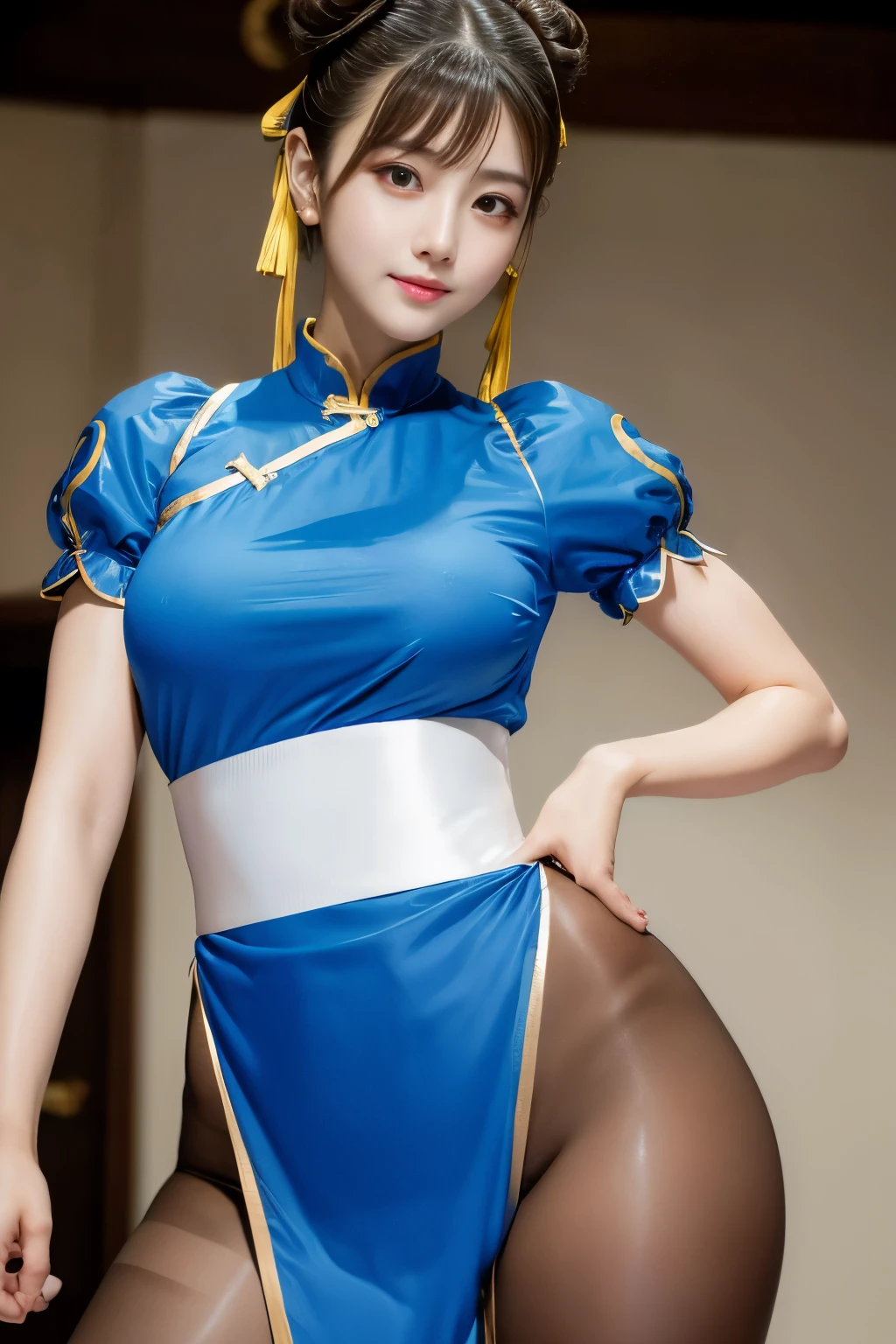 Chun-Li from Street Fight II,perfect chun li costume,blue cheongsam with gold lines,Bun head,Good cover,whole body,ハイkick,kick、Lift your legs,masterpiece、1 beautiful girl、Fine grain、Puffy eyes、highest quality, 超High resolution, (reality: 1.4), Cinema lighting、Super beautiful、Beautiful Skin、(超reality的な)、(High resolution)、(8K)、(very detailed)、(美しくFine grain)、(Very detailed)、 (wall-)、Detailed face、Bright lighting、Professional Lighting、slanted bangasterpiece, highest quality, masterpiece, highest quality, Perfect Face, perfect brown eyes with white sclera, Bad move - 5, alone, 1 girl, brown hair, From SF2, Chinese service, smile, muscular woman, blue clothes, pantyhose, pelvic curtain, Plump short sleeves, Good cover, sash, evaluation:safety