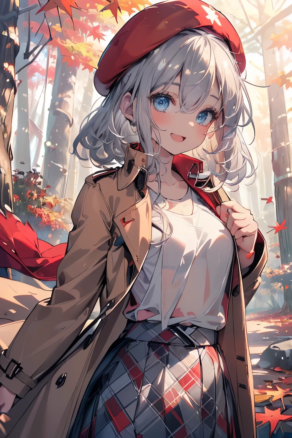 Anime girl in a red beret and plaid skirt walking through a forest ...