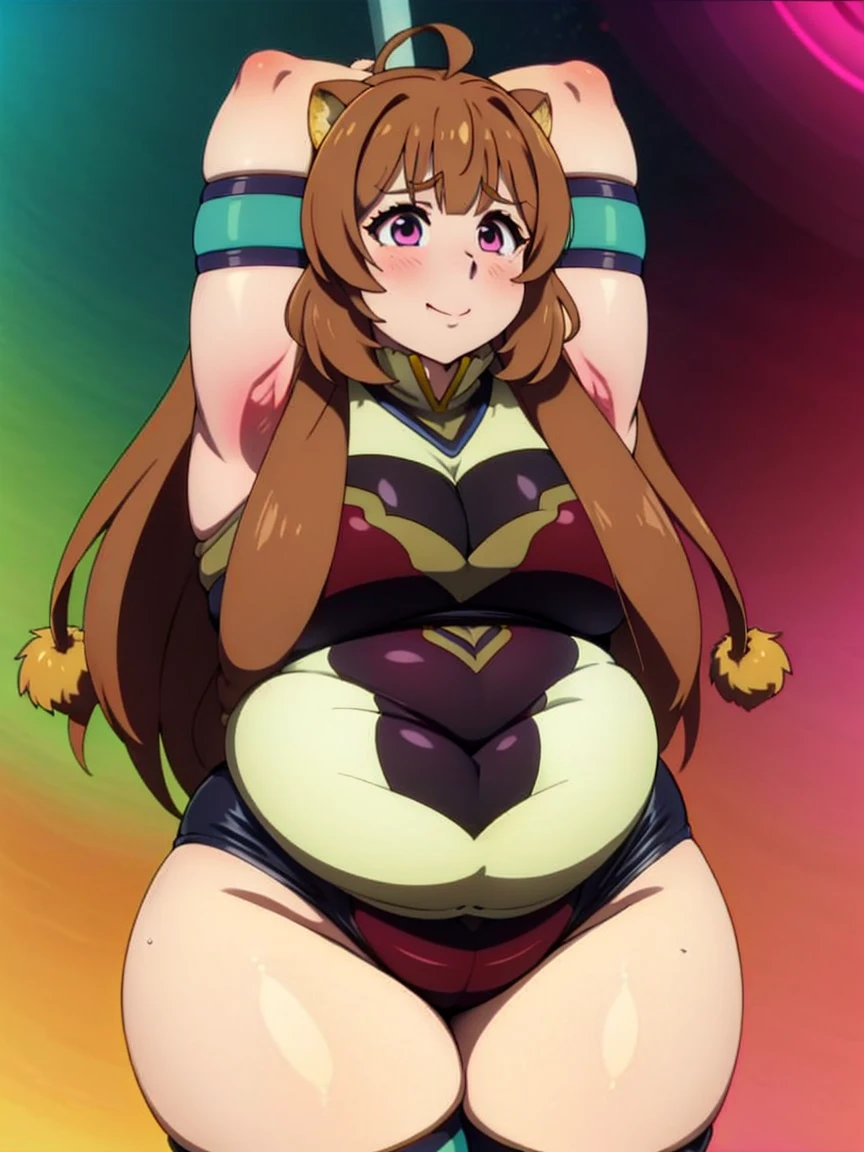 4K, detailed eyes,fat face, chubby arms, Fat Raphtalia, thick thighs, cute, happy, patpat, neon, retrowave background