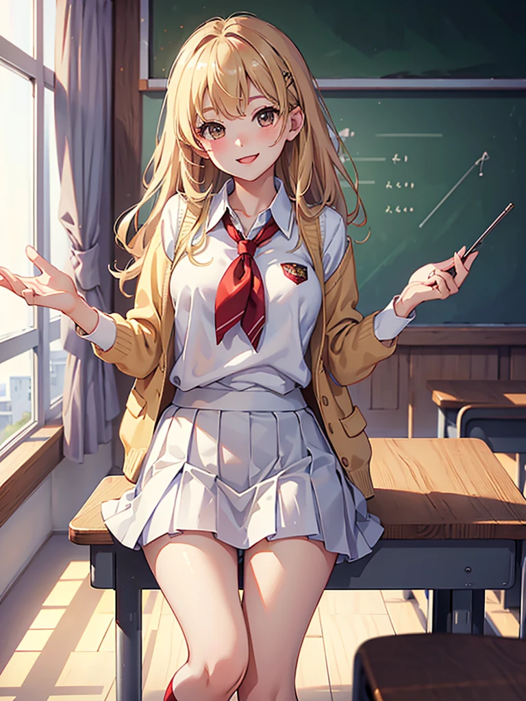 Girl showing panties with embarrassed face、In front of the blackboard in the classroom、