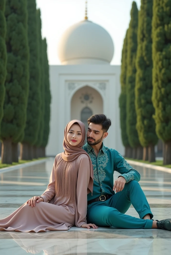 Potrait of beautiful indonesian women in hijab sitting on the garden chair surrounded by flower,with handsome indonesian man kissing,her hand lovingly,surrounded by symbol of love,a beautiful garden,with many garden flower and a sakura tree shedding its leaves