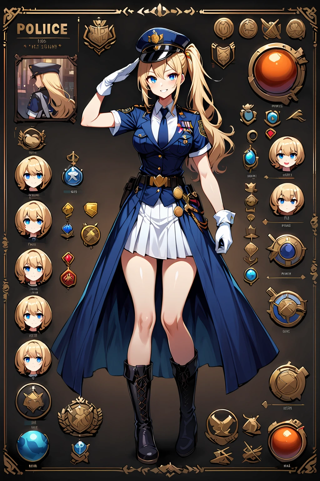 Framed Presentation of a police, woman character design sheet for a video game with detailed accessories, boots, multiple icons, and police costume, Ball Gown, buttons to customize the character to your liking, sphere,(game icon),medal icon,rpg,japanese, police girl, (perfect anatomy, anatomically correct), cute and symmetrical face, babyface, perfect face, perfect eyes, shiny skin, 
(long hair:1.5, side ponytail:1.7, blond hair), asymmetrical bangs, blue eyes, long eye lasher, (medium breasts, seductive thighs), 
((detailed cloth texture, policewoman uniform, light blue short sleeved shirt, navy necktie, high waisted miniskirt), belt, white gloves, police hat, handcuffs), , 
(beautiful scenery), evening, (city), standing, salute, (lovely smile, upper eyes, parted lips), ((full body)),((dynamic pose)),