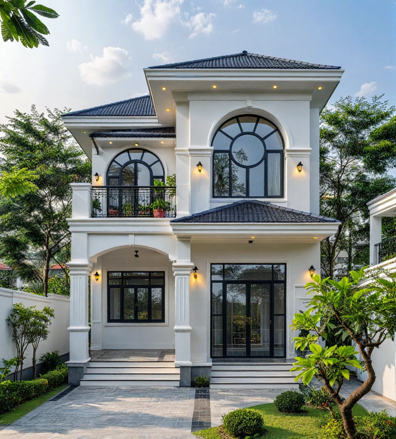 (masterpiece:1.2), best quality, photo of A two-story modern house in VietNam with white walls and dark tiles on the roof., tree and plant environment,daylight, streetcapes, natural light, vivid color, The exterior of an elegant single family home features large windows, a dark gray door frame.