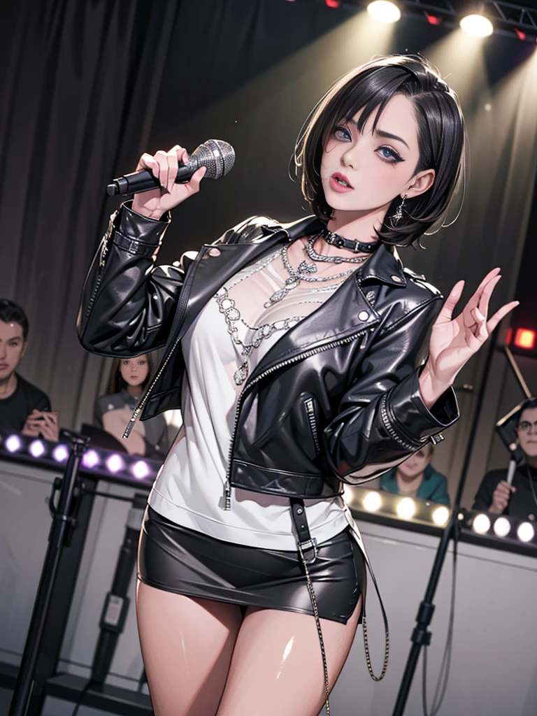 1，Black short hair，Photorealism，detailed，masterpiece， (Lean), Young Girls，Short leather skirt、Dark leather jacket，1，aldult, (Punk Girl)，Earrings、Lip Studs，Dark eyeshadow，high quality，Playing purple bass，band playing，microphone，High resolution 4K information,stage，Cold，Gorgeous lighting，Look at the lens