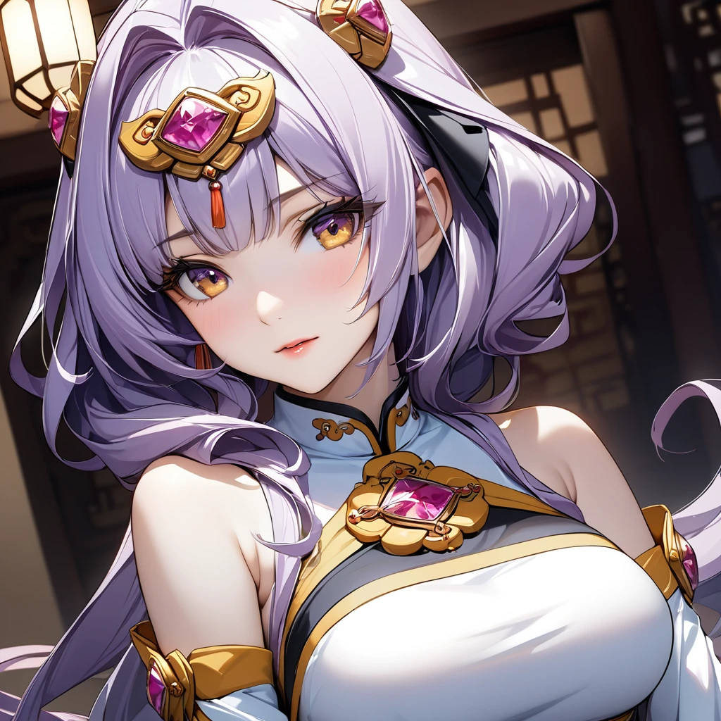 ((Highest quality)), ((masterpiece)), (detailed), （Perfect Face）、The woman has light purple hair in Extia Magica、The woman is wearing a gorgeous Chinese dress