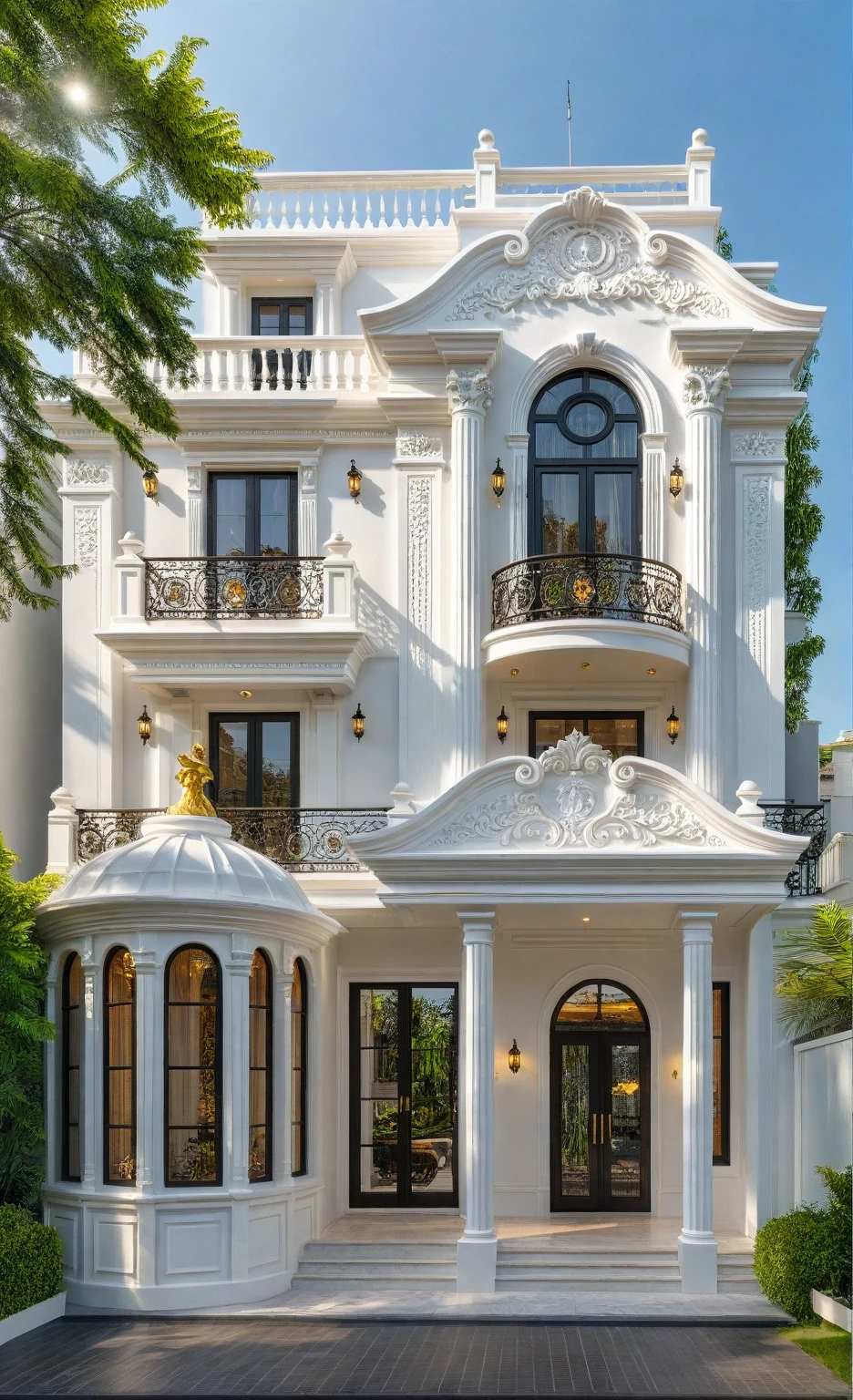 neo classical villa on street, (daylight), tropical tree, vivid colour, streetcapes, white tone, nice detail, intricate relief details, white wall, large glass door, warm interior lighting, best quality, masterpiece, ultra realistic