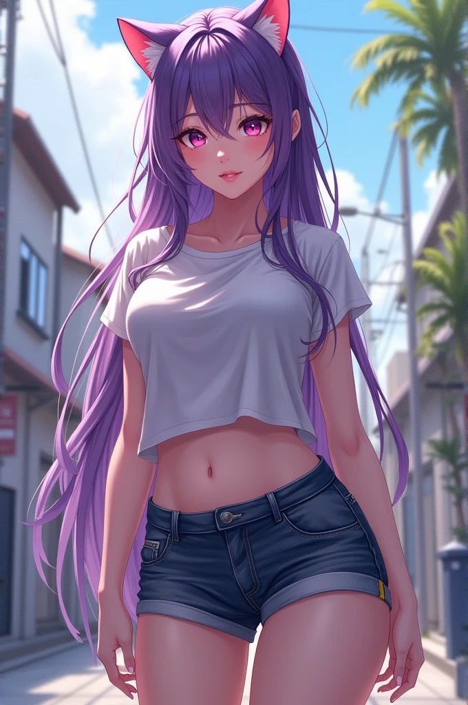1girl (masterpiece, round_iris, extremely crisp crystalline shiny purple eyes, perfect_anatomy, extremely_captivating_hypnotic_mystic_eyes, ) perfect face, long pink hair, smiling evil, big breasts, shorts and white top, outside, going for a walk, dynamic pose, best quality, 4k