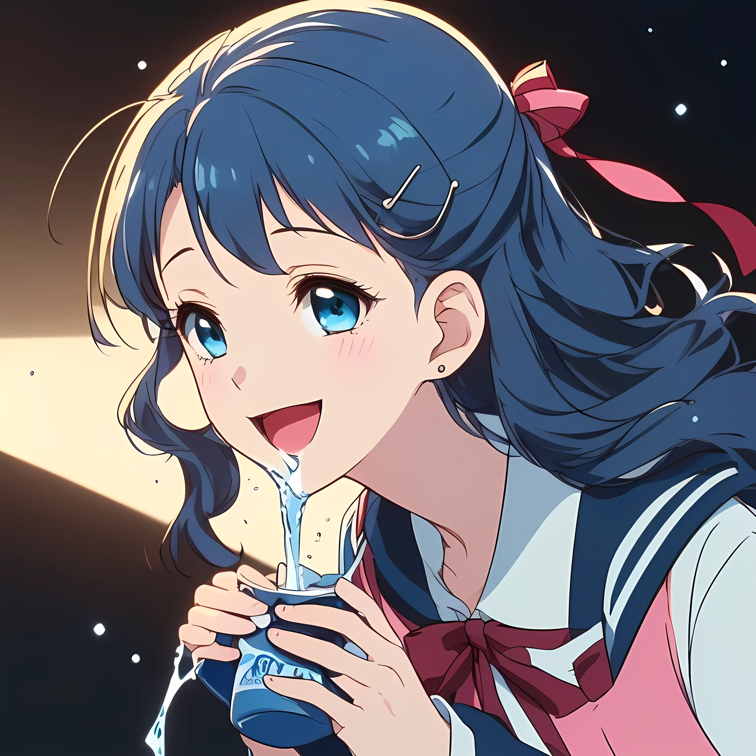 (highest quality, masterpiece, Full HD, High definition, High saturation and contrast to enhance female beauty: 1.2), (Japanese Game CG art of beautiful giggling noble elegant girl is drinking water from Milk Fountain, charming me elegantly, Noble Elegant: 1.3), (Just one very beautiful date-game noble heroine who is looking and laughing at me, Very detailed cute noble **** heroine's noble eyes and face, Beautiful giggling eyes with detailed: 1.4), (Super-long bottom-eyelashes: 1.2), (Girl whom everyone loves because of her beauty and lovely winter fashion and noble manner and mind of evil succubus and magical-charm of evil succubus: 1.0), (Very beautiful, wavy, cutely super-super-long dark-dark-blue-dark-blue hair, with elegant hair ribbons, spreading on whole the screen: 1.3), (Laughing very beautiful and sapphire-blue mature intelligent cute-eyes which charms and enslave me inevitably, with clearly detailed: 1.4), (Eyes are clearly detailed), (very long eyelashes: 1.0), (Noble full-black neat sailor-styled noble winter-version school uniform with a noble expensive glossy red ribbon on the chest: 1.2), (Charming neat blue & navy tartan-checkered pleated long winter school skirt: 1.5), (Soprano singer of classic music: 1.0), (Can't stop giggling: 1.6), Clear skin, (Nothing except black background: 1.5), dark-blue hair, shot from side