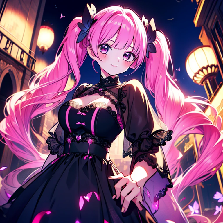 1 girl、Mature、Ample breasts、Long Hair、Twin tails、Pink Hair、Black Dress、Lace fabric、smile、rose、Night Sky、Ancient City、High resolution、Highest quality、butterfly