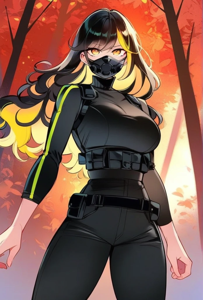 juder_style, score_9, score_8_up, score_7_up, score_6_up, score_5_up, score_4_up, hd, (ultra hd quality details), 8K, 1girl, long hair, Hourglass body, yellow eyes, black hair, yellow highlights, 2d illustration, wavy hair, forest, black tactical outfit, black mask
