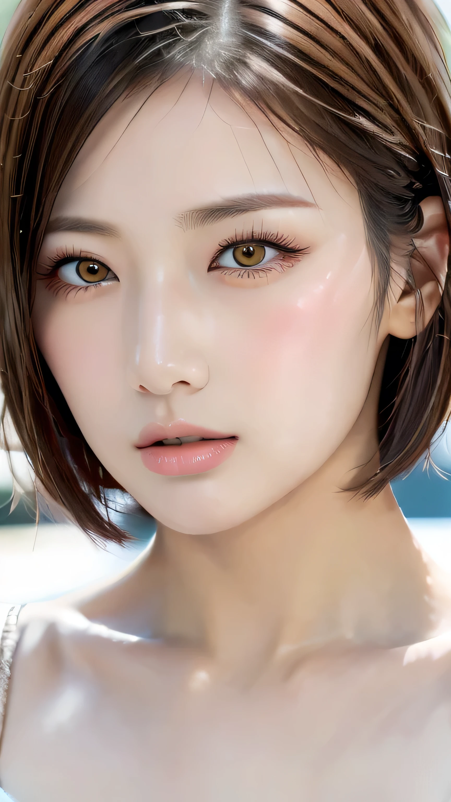 (masterpiece:1.3), (8k, Realistic, RAW Photos, Best image quality: 1.4), Japanese, (1 girl), Beautiful Face, (Lively Faces), (short hair:1.3), Beautiful hairstyle, Realistic eyes, Droopy eyes、Beautiful Eyes, (Realistic Skin), Beautiful Skin, charm, Ultra-high resolution, Attention to detail, Golden Ratio, Detail Makeup、Completely naked、The clavicle is visible、Daytime、Look up、Look Up、Open your mouth a little、Sticking out tongue、Yellow eyeshadow、Long eyelashes、Sharp eyes、Zoom Face