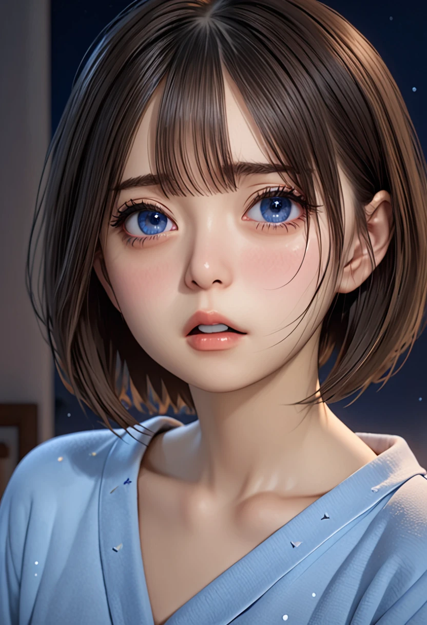 ((portrait))、masterpiece,High resolution, refer to, 3D, realism, To the camera, night, midnight,Light,(1 female: 1.3), (alone: 1.4), Long eyelashes, Pajama set 、Brown short bob, Complex pupil,  Deep blue eyes,  Blushed, shy, Open your mouth, (tear up)