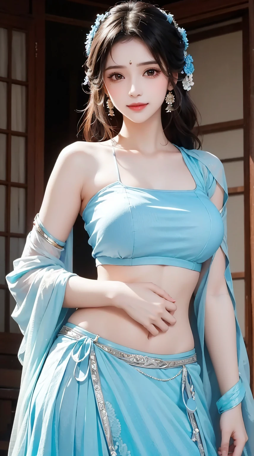 1girl, cute face,pretty face, jaw dropping beauty, cute smile,Indian clothes, Indian mythology dress, light blue lehenga and choli, beautiful  lehenga and choli , pony tail, standing position,((ultra high detailed 1.9)),((ultra high resolution 1.9)),((ultra high quality 1.9)),(masterpiece)), (perfect lightings), (very Big breasts 1.9)), ultra huge breast, deep neckline sexy navel, showing her body