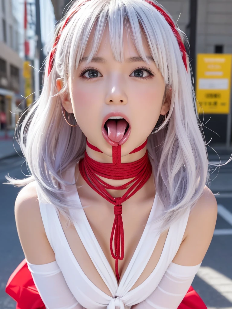 Ultra-realistic 8K CG， Perfect Face， Perfect perfection， masterpiece， One girl， Street Corner Background， Arms crossed，Fold your calf to your thigh、Tie it up （shibari：1.21）， Colorful Hair， Long white hair， solo， Bondage Costume， Ruler，BDSM，（Embarrassing：1.21），（round mouth gag，Open mouth and gag：1.1）， Make your face bright red， Drooling， and sticking out his tongue，