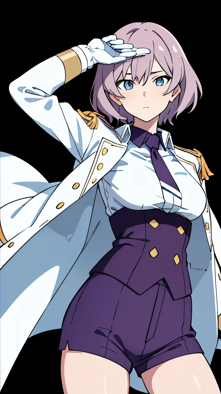 (masterpiece, best quality, 8k:1.2), anime coloring, solo, 1girl, mujina, short hair expressionless, looking at viewer, white jacket, military jacket, underbust, necktie, corset, white gloves, purple shorts 