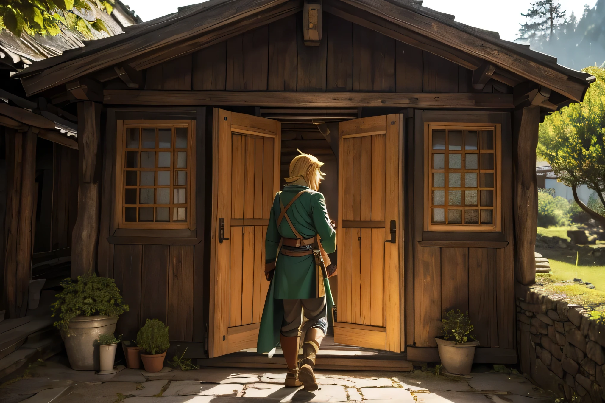 "The exterior of an old house in Kakariko Village. Link is seen from behind as he is about to open a wooden door. Link is wearing green elven clothing, with blonde hair that falls just past his shoulders. The door is made of wood, and he is about to pull the door handle with his gloved fingers. The surrounding scenery shows small village houses and cobblestone walkways, creating a warm village atmosphere. A soft light shines in behind Link, making his silhouette stand out."