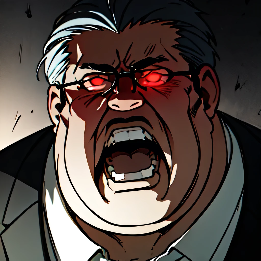 Male solo images、Close-up on grey hair face、Face like a pig、A slightly overweight old man、Xavier-style hairstyle、Man in suit、Hair falls out、Glasses、Dirty looking 4、Suit pants、Scream in anger、Red glowing eyes、Front view、Screaming、to have arrested、Night house background