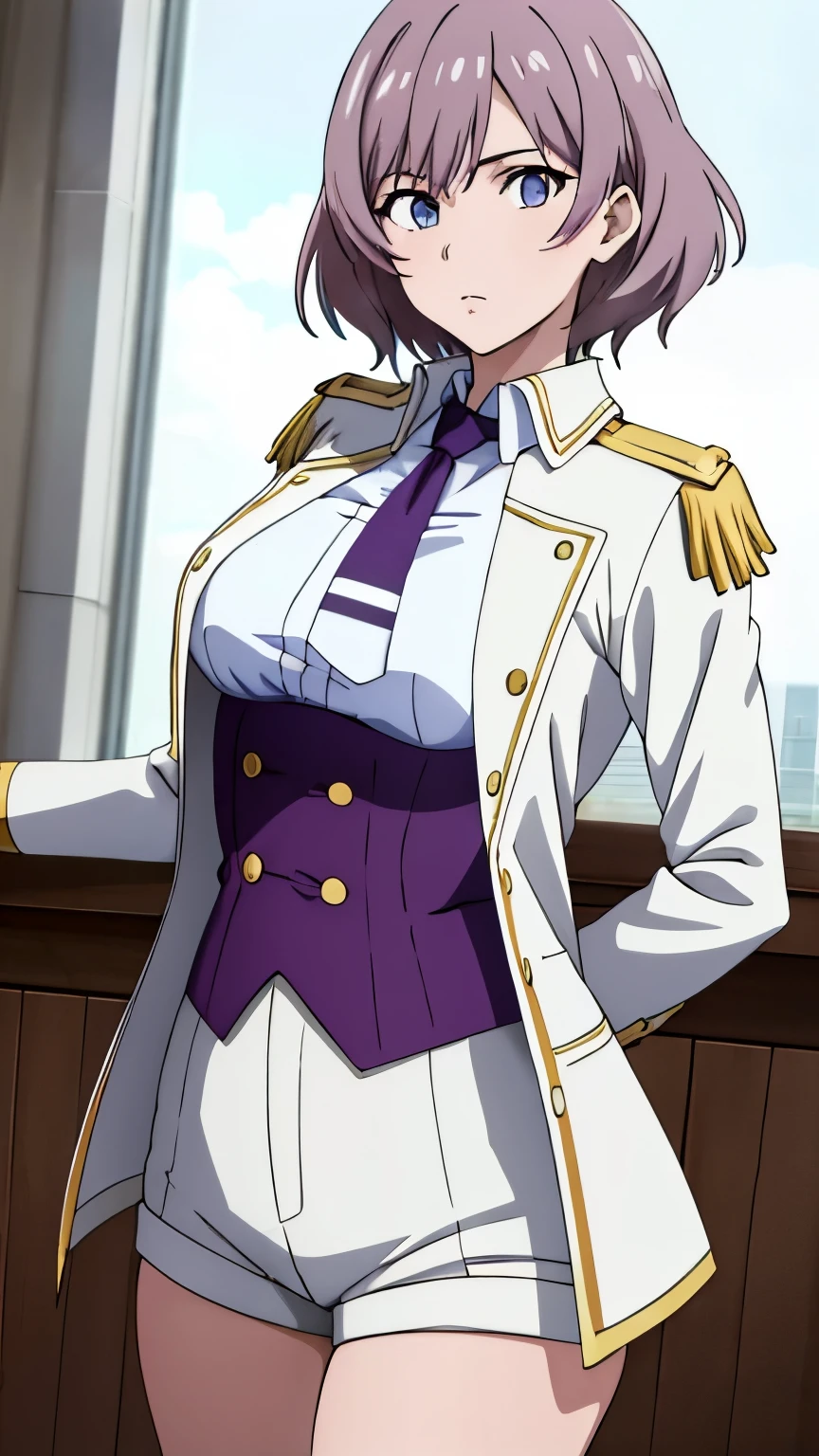 (masterpiece, best quality, 8k:1.2), anime coloring, solo, 1girl, mujina, short hair expressionless, looking at viewer, white jacket, military jacket, underbust, necktie, corset, white gloves, purple shorts 