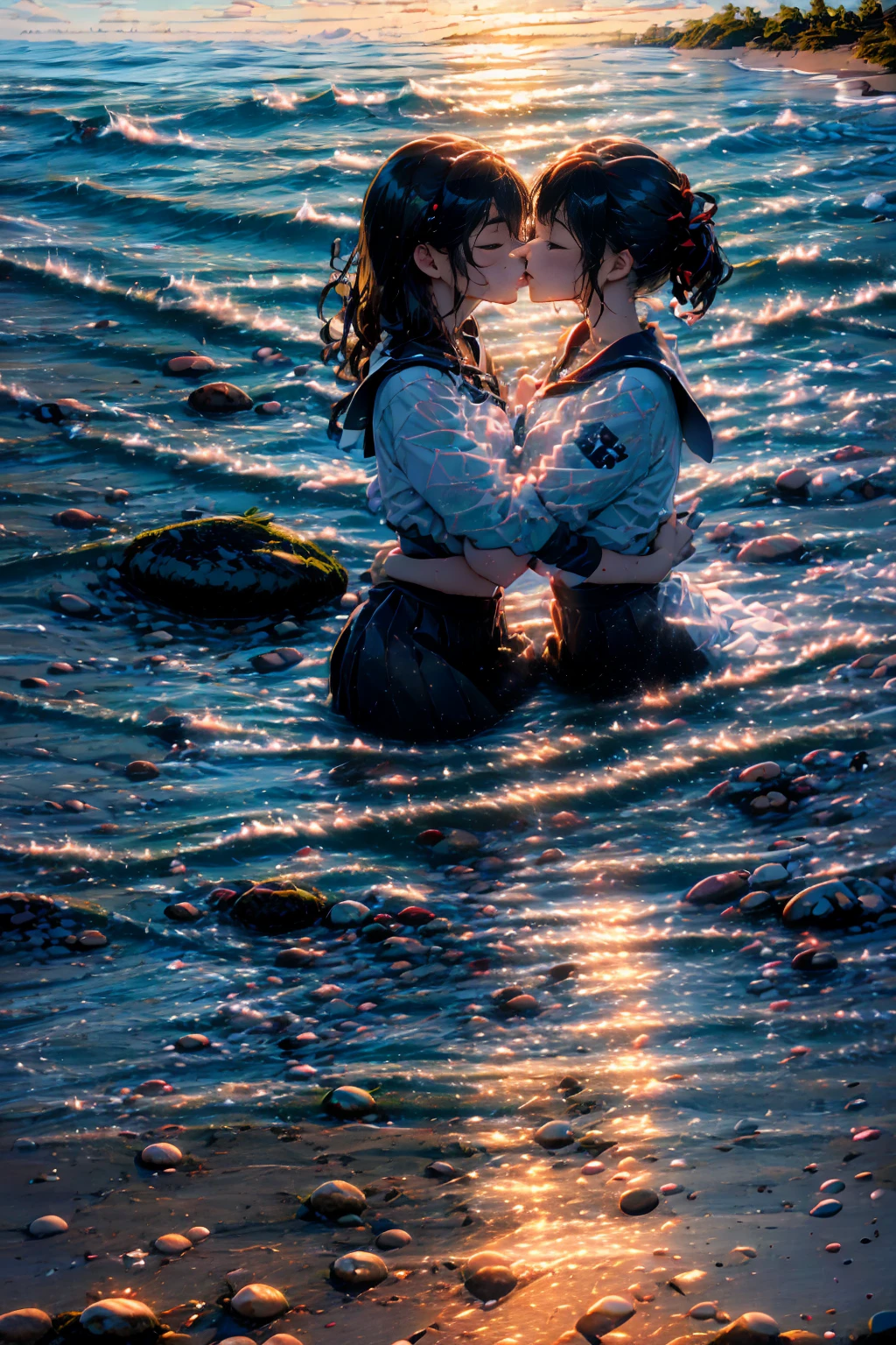 2 girls, Two people hugging each other, Kissing, Kiss each other, Close your eyes, Ocean, Wavy, soaked, Sailor suit, ribbon, Gothic Skirt, navy blue, Long skirt, Lots of water all over the body, splash, Submersion, Lots of water, Lots of water滴, 腰までSubmersion, (drowning)