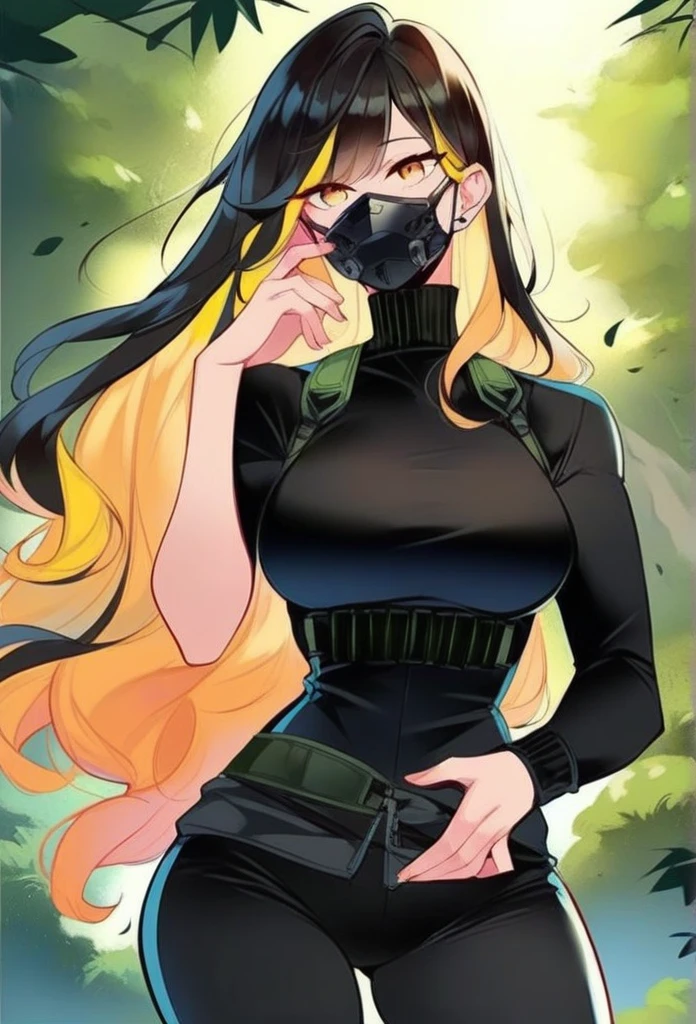 juder_style, score_9, score_8_up, score_7_up, score_6_up, score_5_up, score_4_up, hd, (ultra hd quality details), 8K, 1girl, long hair, Hourglass body, yellow eyes, black hair, yellow highlights, 2d illustration, wavy hair, forest, black tactical outfit, black mask
