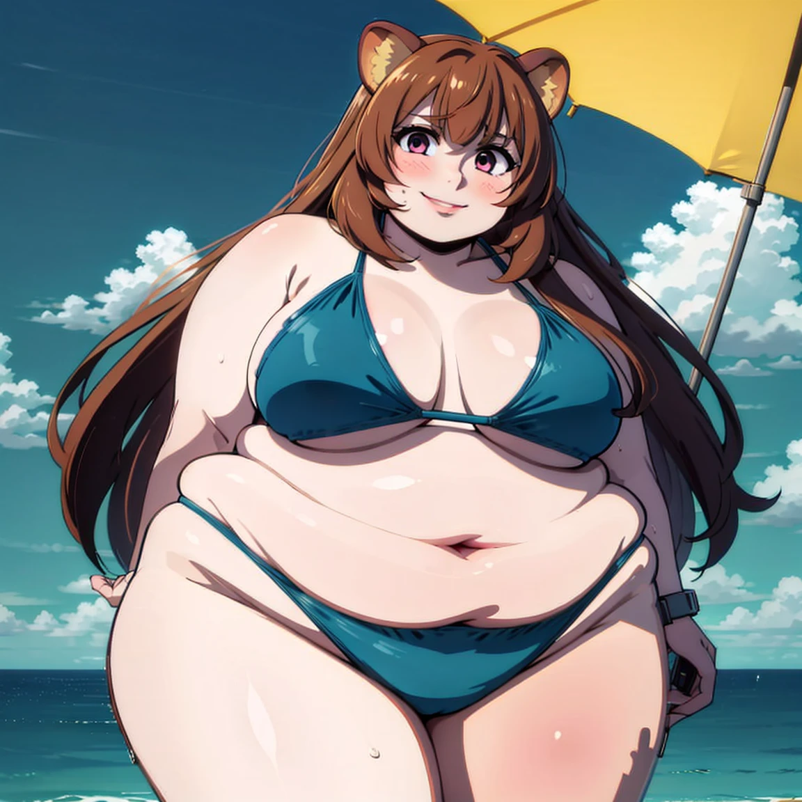 4K, detailed eyes,fat face, Fat Raphtalia, raccoon tail in back, blue bikini, thick thighs, cute, smile, blue neon, retrowave background